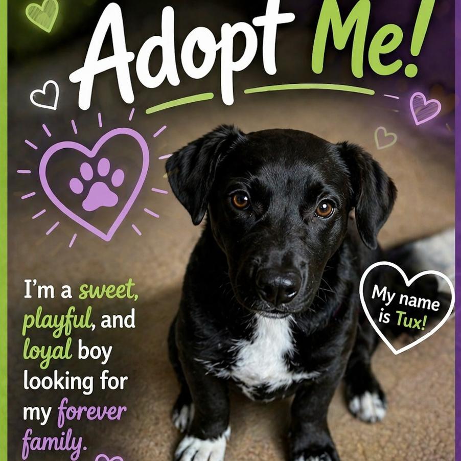 Tux, Adoptable, Young Male Black Labrador Retriever & Mixed Breed.