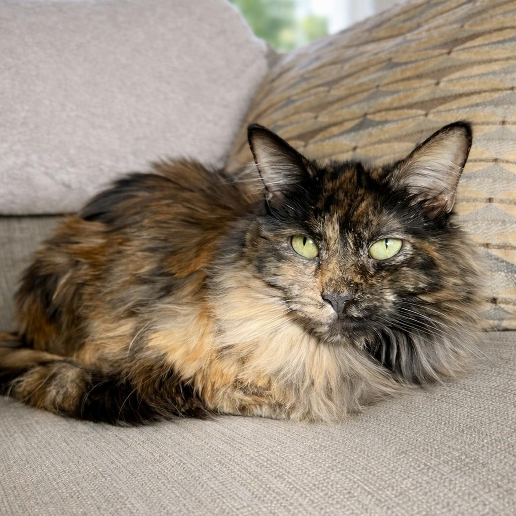 Stevie, ADOPTABLE, Adult Female Tortoiseshell & Domestic Long Hair.