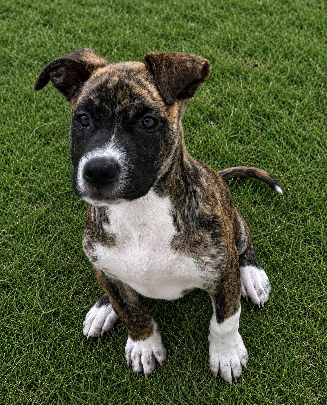 Smoke, adopted, Puppy Male Boxer & American Staffordshire Terrier.