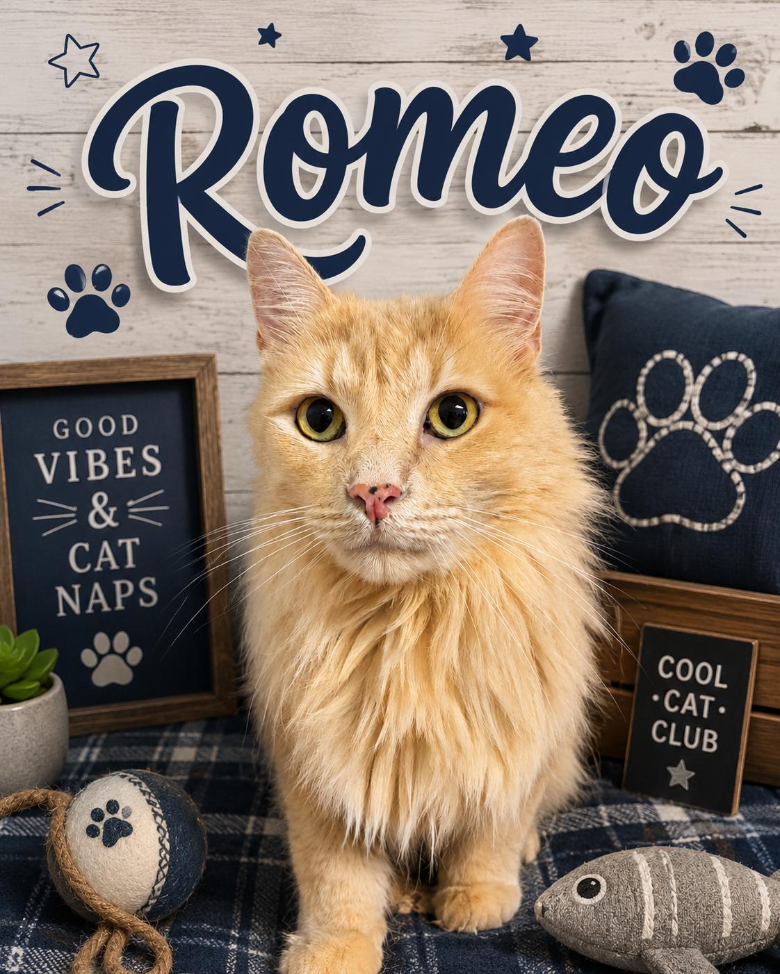 Romeo, adopted, Adult Male Domestic Long Hair.