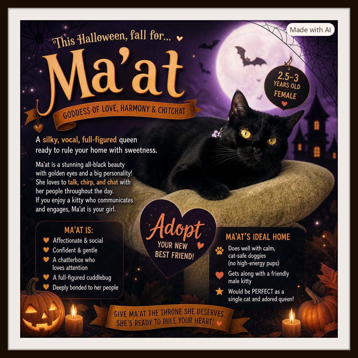 Ma'at — named for the Egyptian goddess of harmony and love, Adoptable, Adult Female Domestic Short Hair.