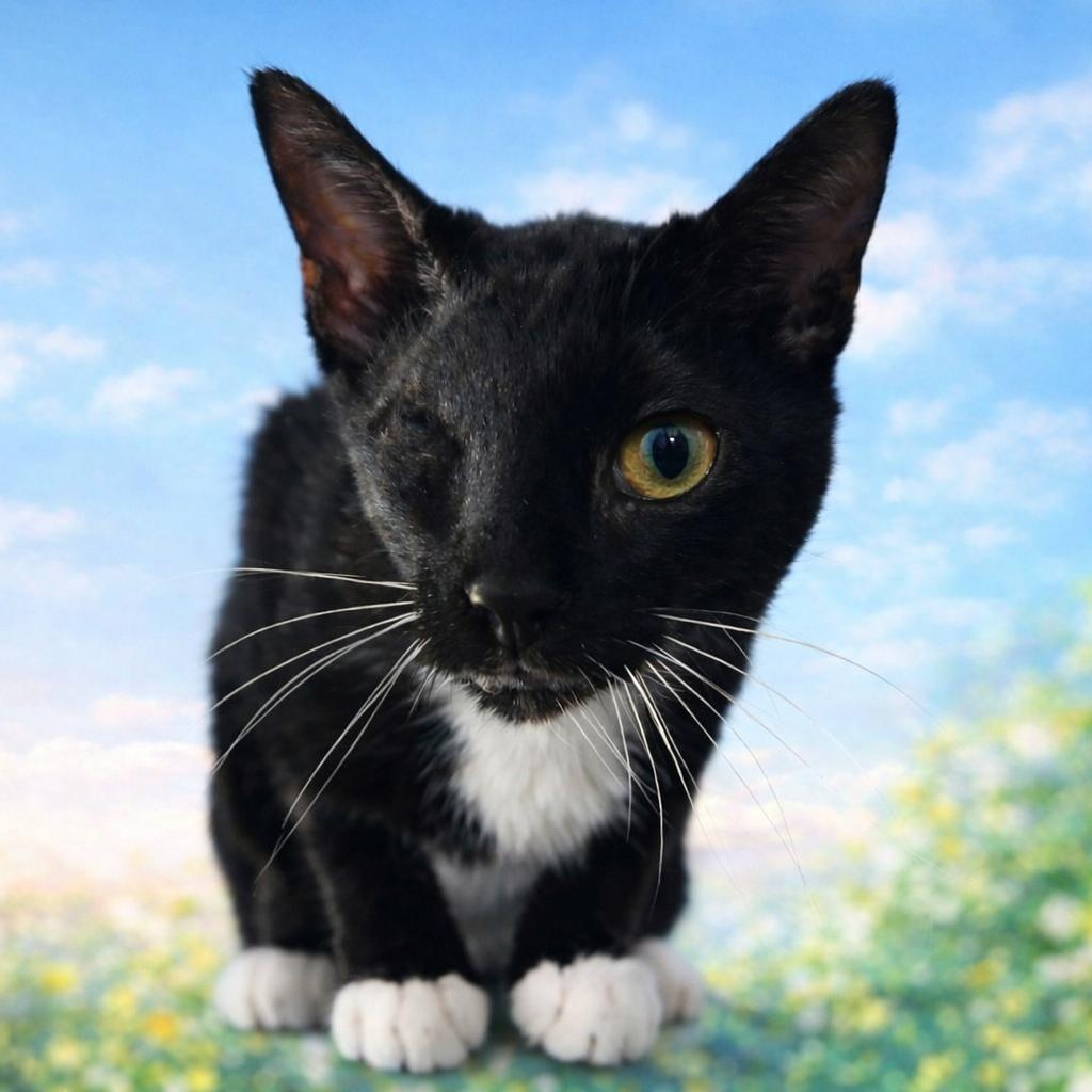 Trixi the one-eyed wonder, adopted, Kitten Female Domestic Medium Hair.