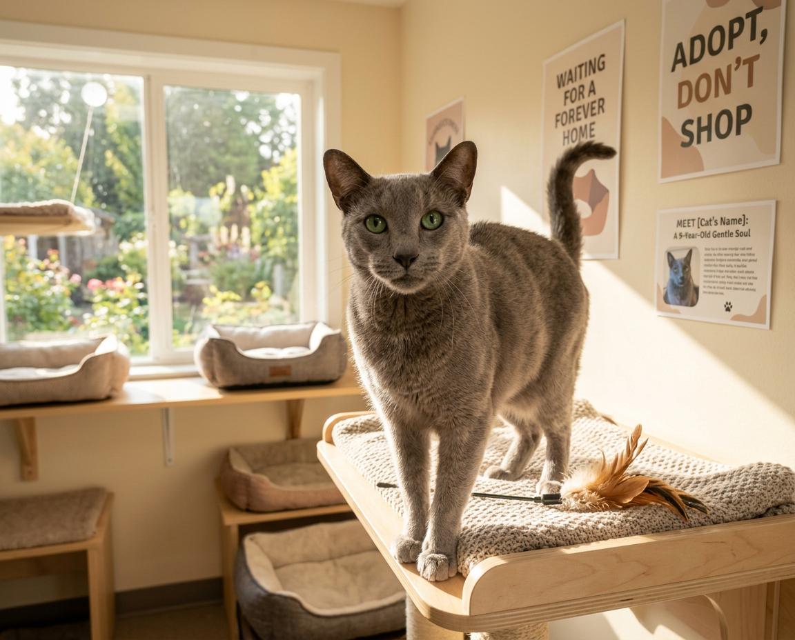 Pretty Boy, ADOPTABLE, Senior Male Russian Blue.