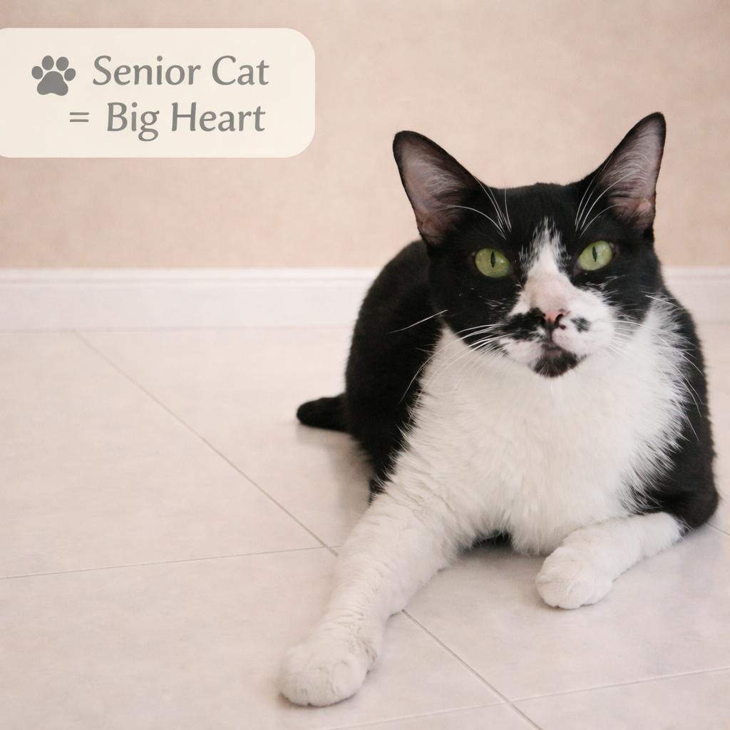 Sheba — A Gentle, Steady Companion for a Loving Home, Adoptable, Senior Female Tuxedo.