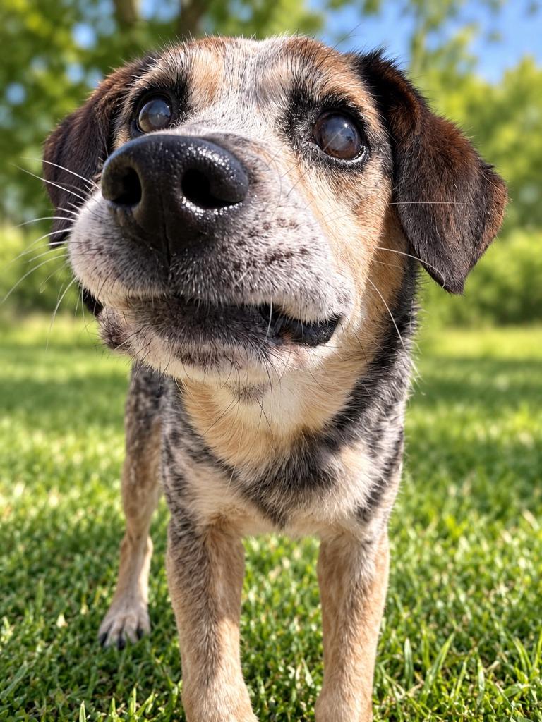 Flash, Adopted, Senior Male Beagle & Australian Cattle Dog / Blue Heeler.