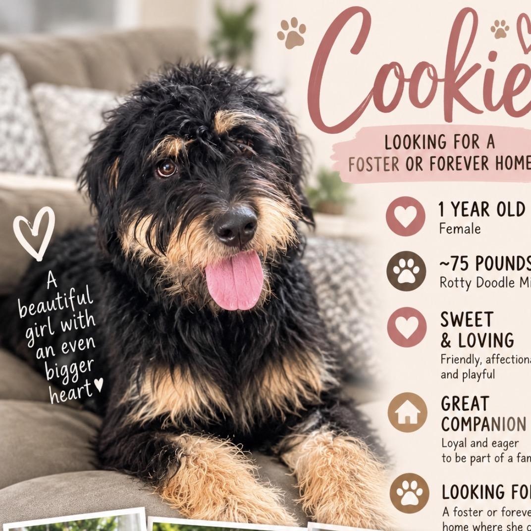 Cookie, Adoptable, Young Female Goldendoodle & Rottweiler.