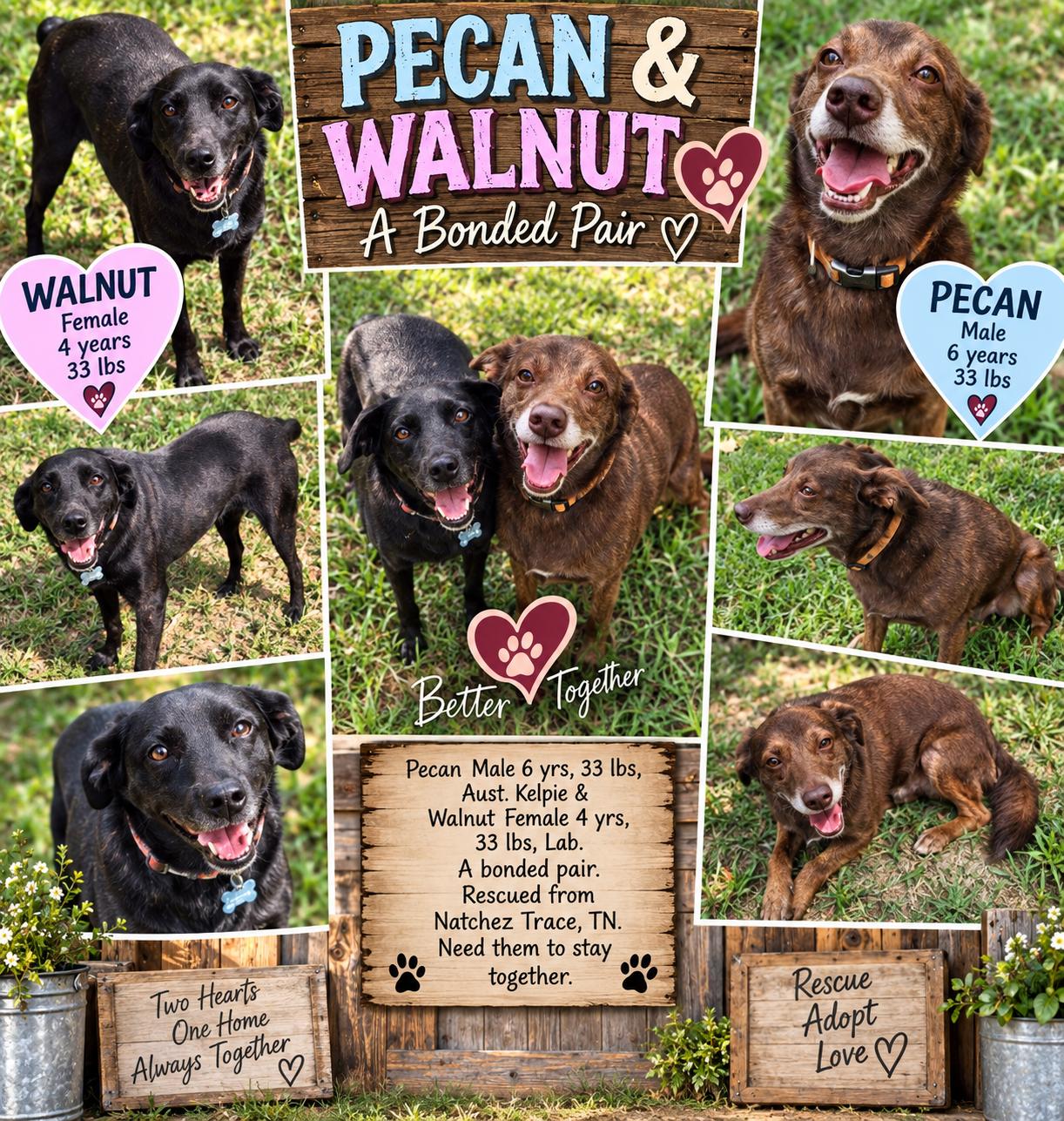 PECAN & WALNUT (BONDED PAIR), Adoptable, Adult Male Australian Kelpie & Labrador Retriever.