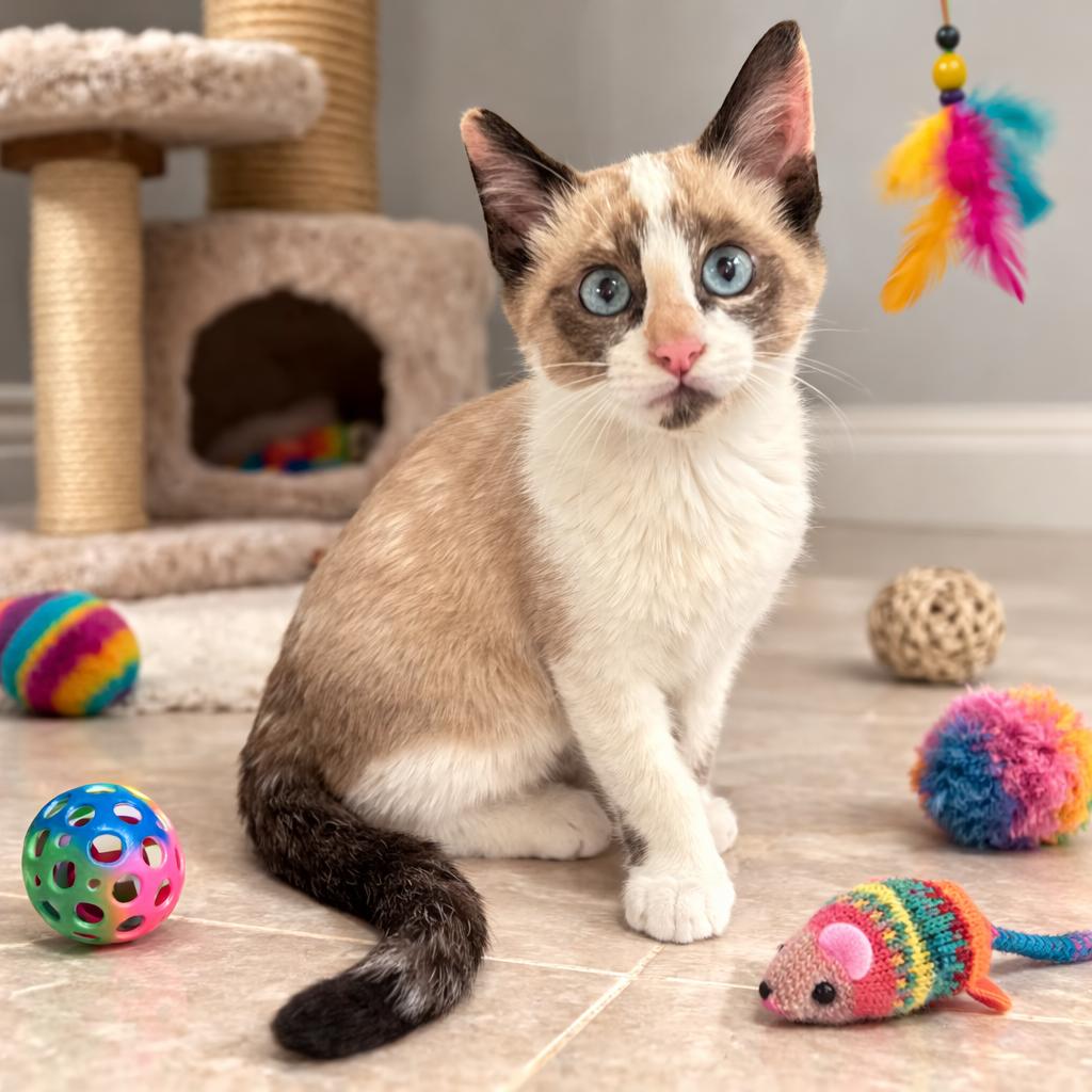 Pheobe – Blue-Eyed Snowshoe Sweetheart with a Playful Spirit, ADOPTABLE, Kitten Female Siamese & Domestic Short Hair.