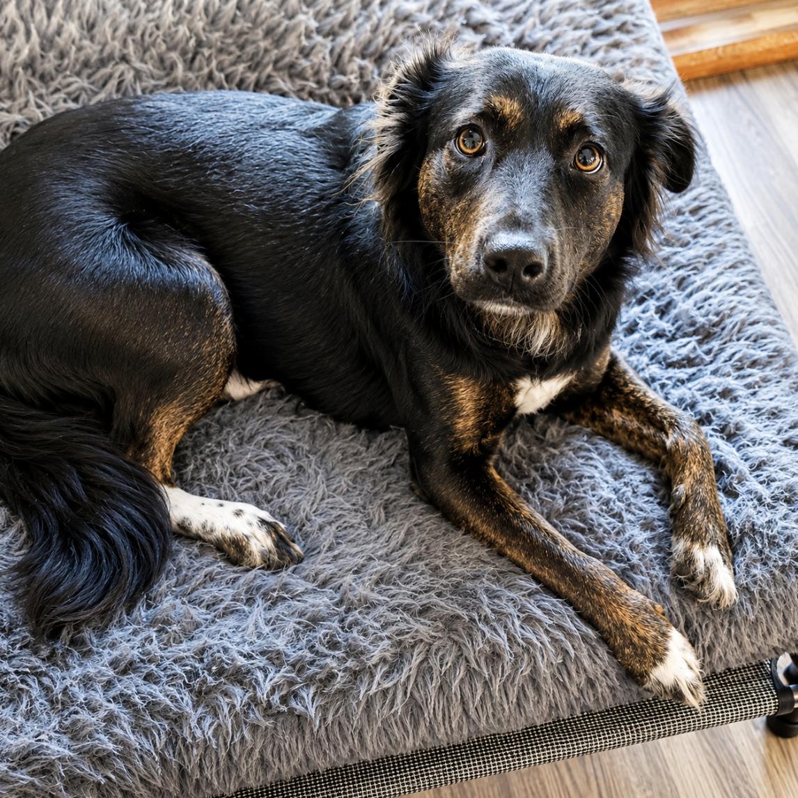 Boots, adopted, Young Female Flat-Coated Retriever.