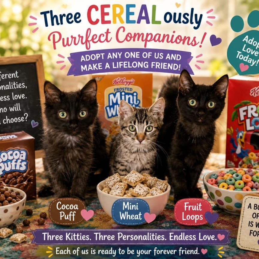 Cocoa Puff - Mini Wheat - Froot Loops, ADOPTABLE, Kitten Male Domestic Medium Hair & Maine Coon.