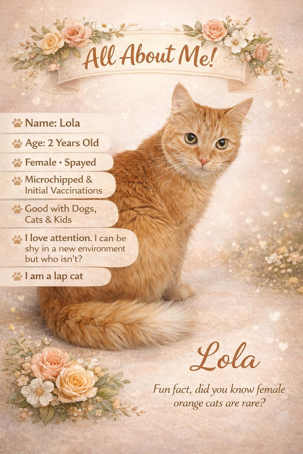LOLA, ADOPTABLE, Adult Female Domestic Medium Hair.
