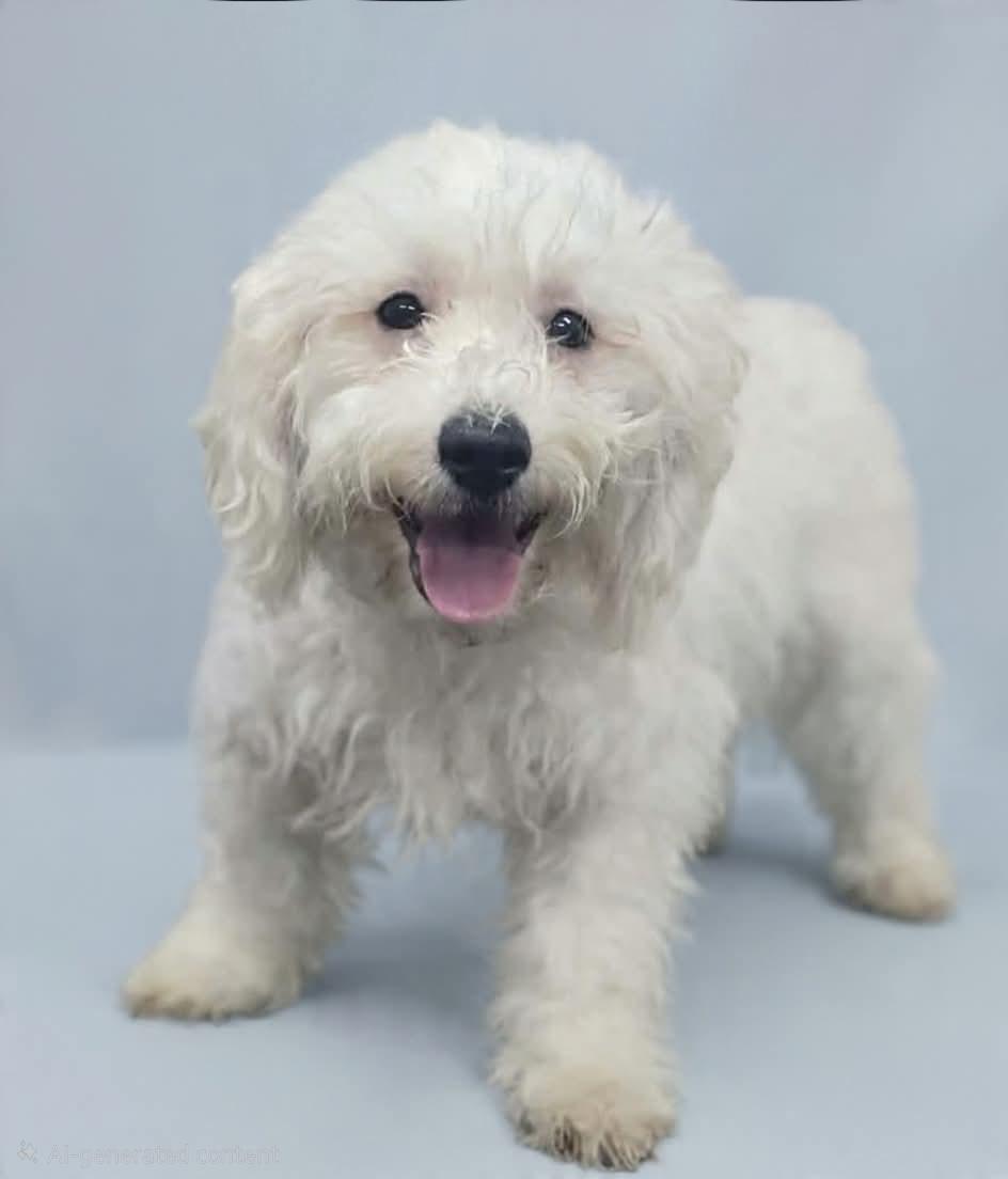Han Solo, adopted, Puppy Male Bichon Frise & Poodle.