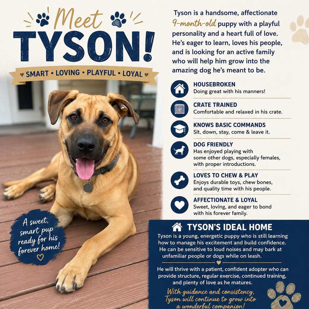 CT Tyson (Home in Columbia CT), Adoptable, Young Male Boxer & Shepherd.