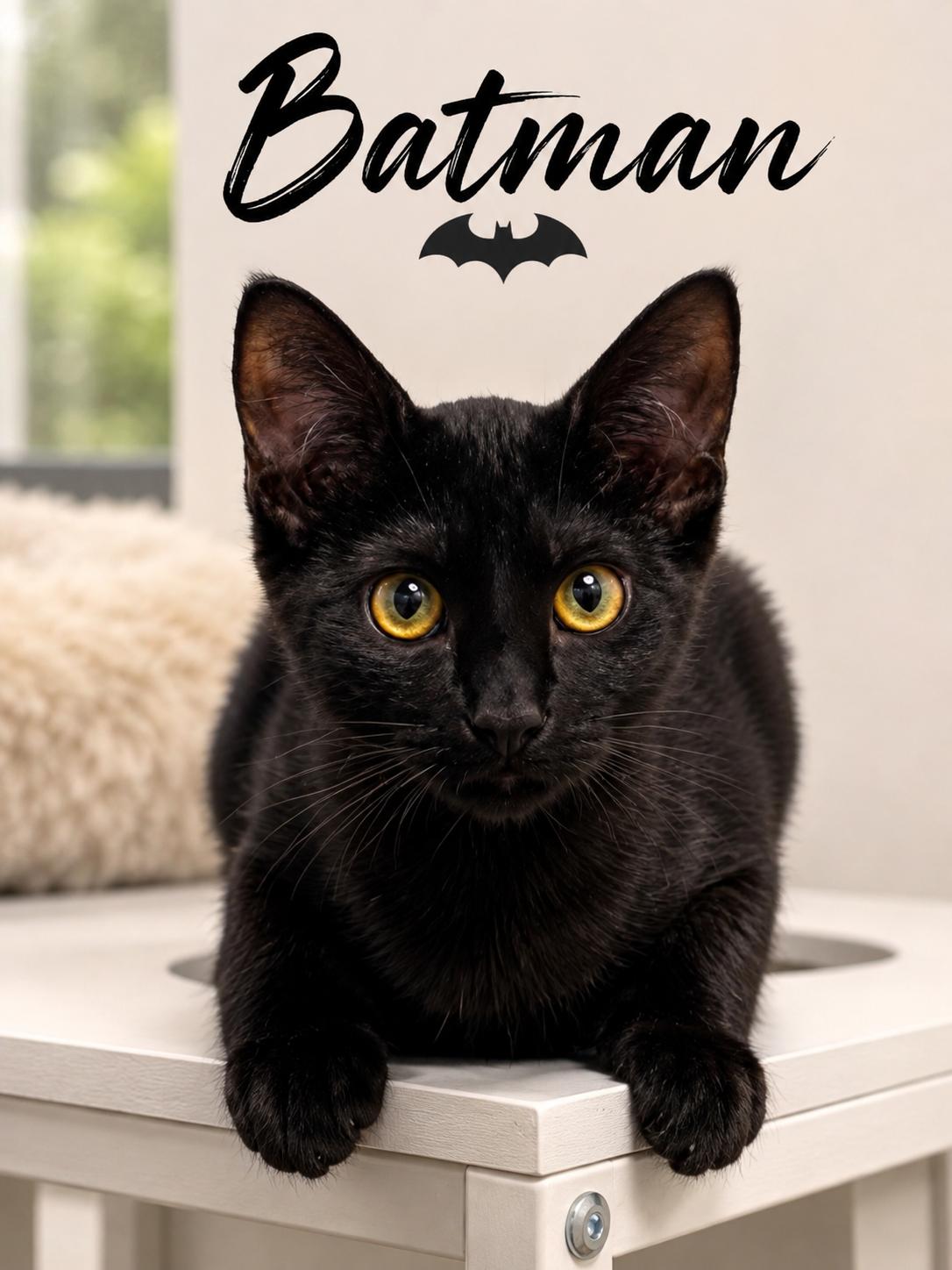 Batman...visit me at the Catfeine Cat Cafe, ADOPTABLE, Kitten Male Domestic Short Hair.
