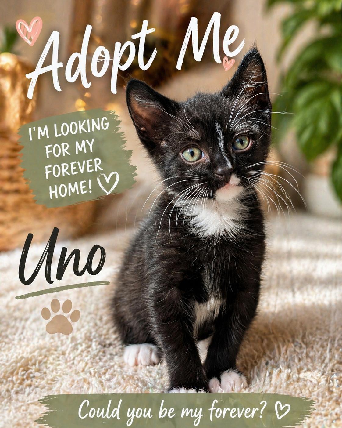 Uno-Irrestible Snuggle Buddy, Adoptable, Kitten Male Tuxedo.