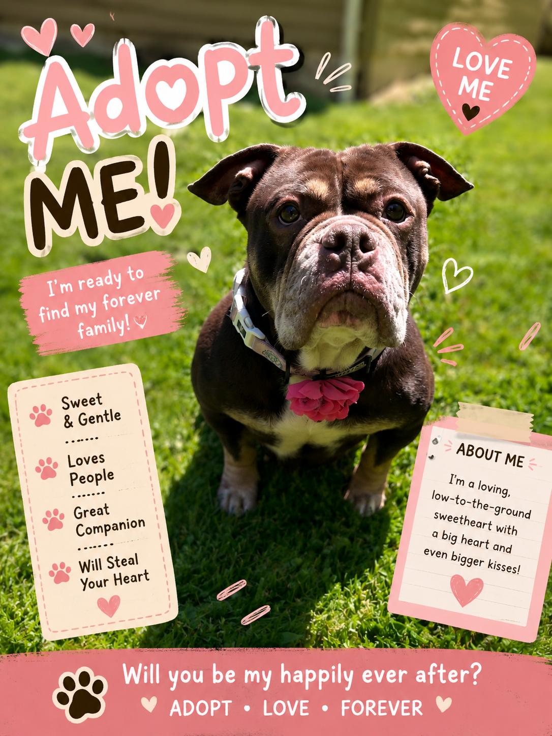 Posey, ADOPTABLE, Adult Female Bulldog & American Staffordshire Terrier.