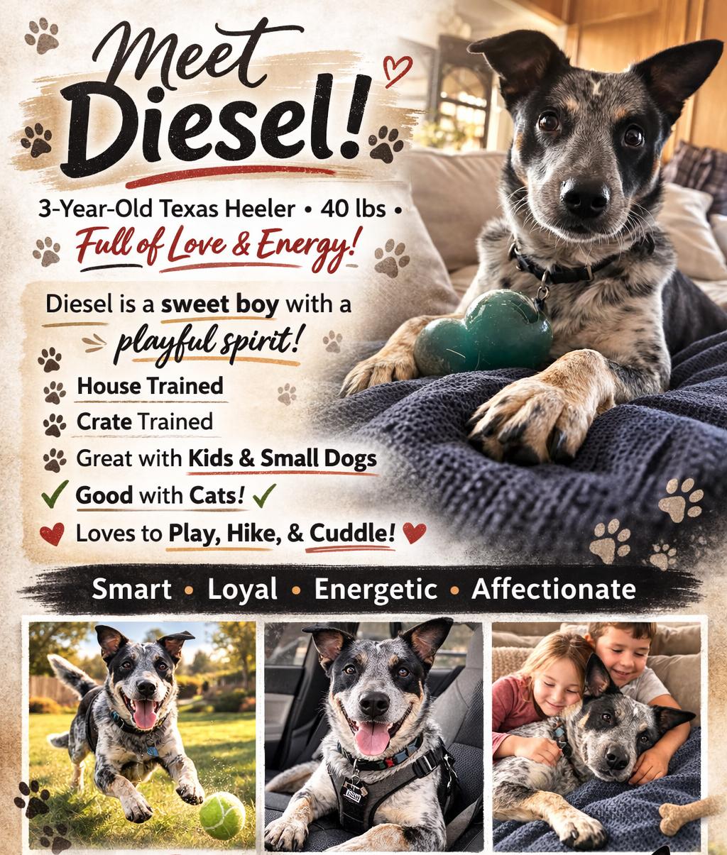 Diesel, adopted, Young Male Australian Cattle Dog / Blue Heeler.