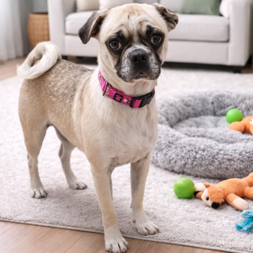 Poppy, adopted, Young Female Pug.