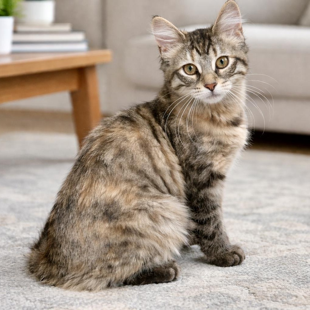 Maisie, adopted, Kitten Female Maine Coon & Tabby.