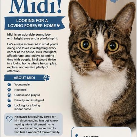MIdi, ADOPTABLE, Adult Male Domestic Short Hair.