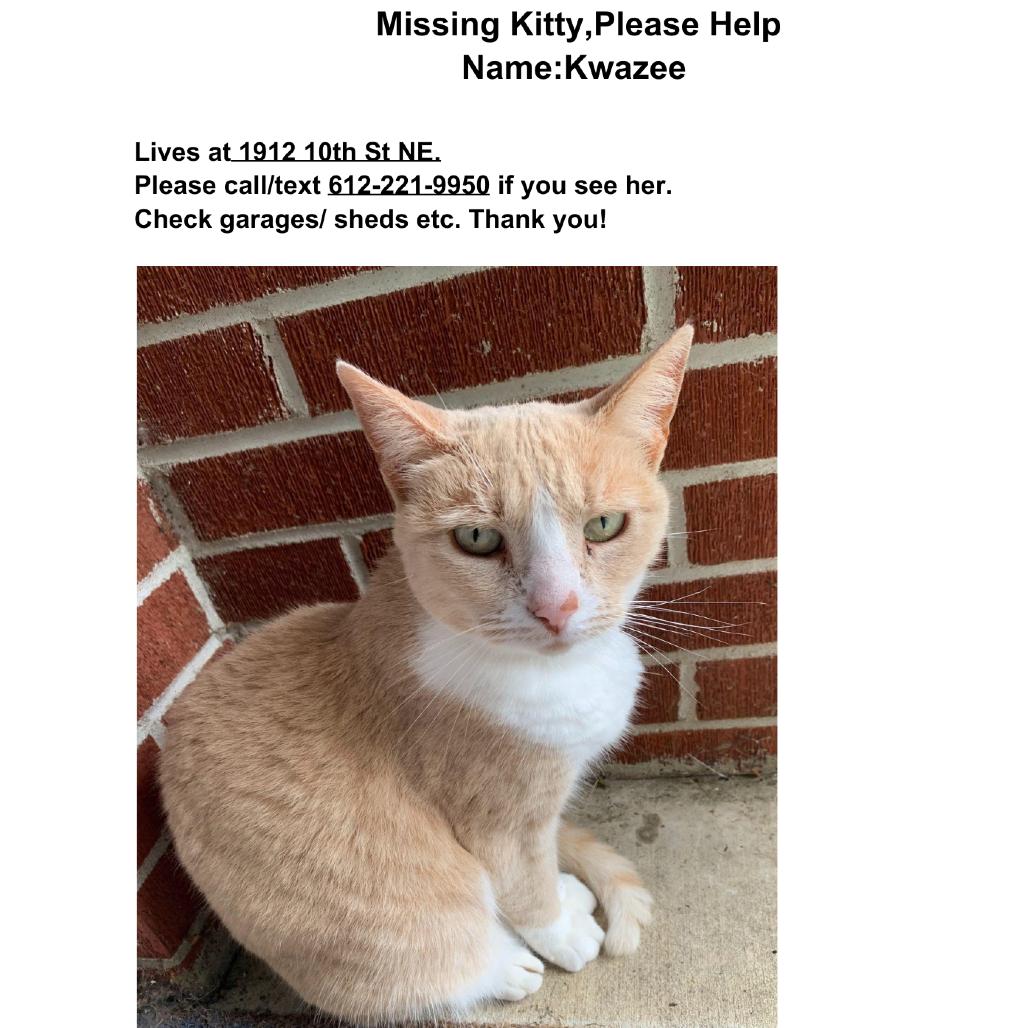 Kwazee is LOST 19th Ave NE and 10th St NE