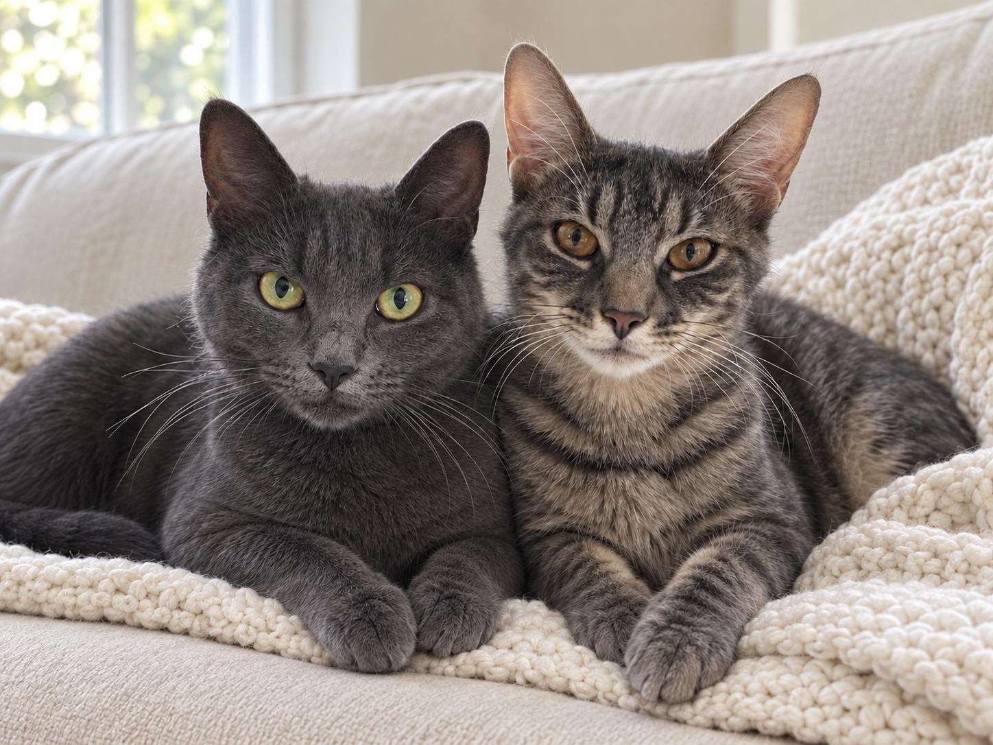 Selena & Louisa (bonded sisters), ADOPTABLE, Young Female Russian Blue & Tabby.
