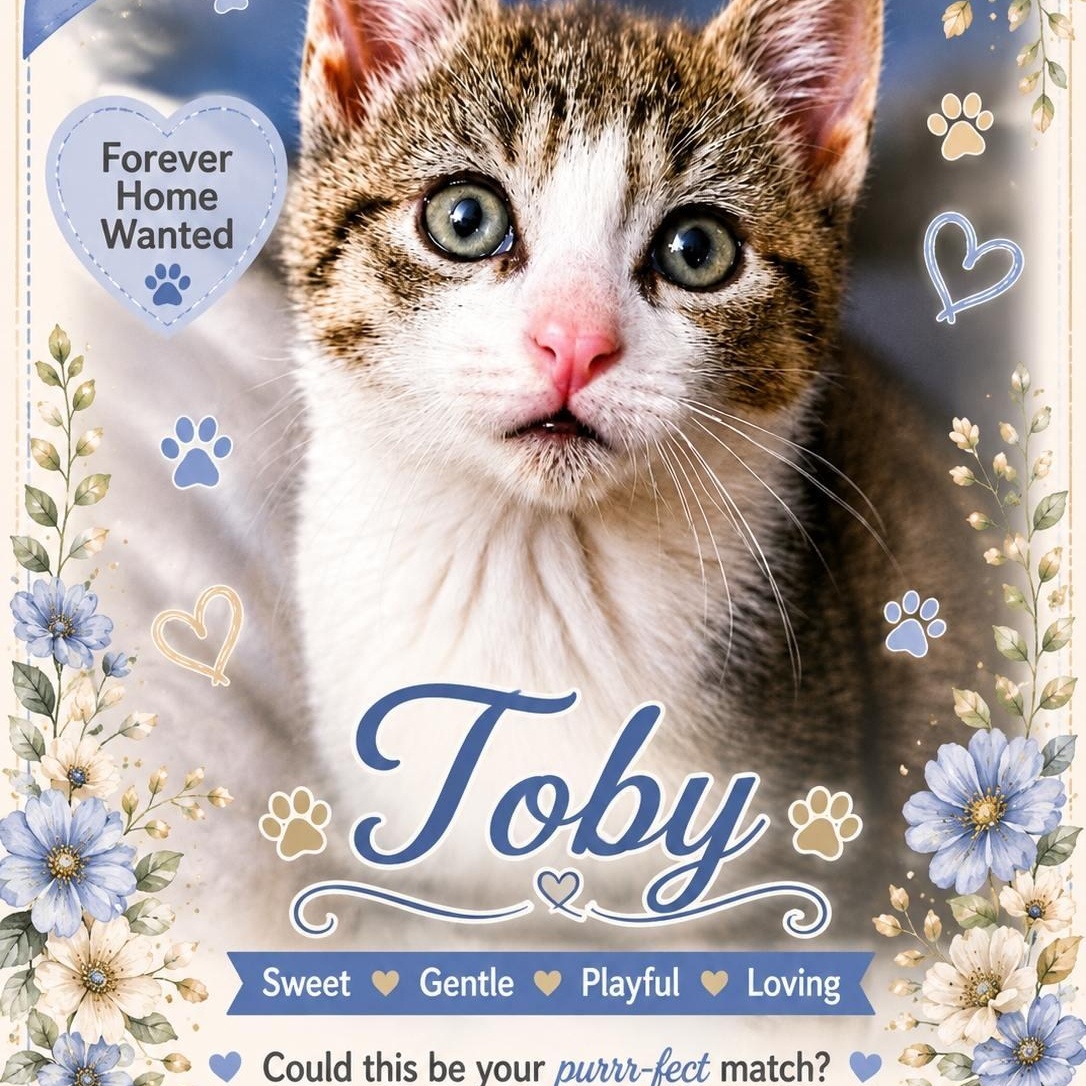 Toby, adopted, Kitten Male Domestic Short Hair.